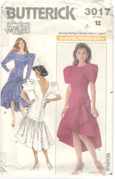 Butterick 3017; ©1988; Morton Myles - Misses' Dress.  Dress, lower-calf (at back), has slightly cut-in shoulders, shoulder pads, loose-fitting, lined, shaped bodice, bow with flower, self-lined skirt with stiffening and underskirt, back zipper and above elbow or long sleeves with stiffening and pleats at cap. Size 12 This pattern is cut and completed. The envelope may have slight tearing, small staining, or wrinkles, however the patterns are double checked to be fully intact and in excellent con Prom Dresses 1980s Vintage, Prom Dress Pattern, 80s Prom Dress, 80s Prom, Flounce Skirt, Vintage Prom, Butterick Sewing Pattern, 1980s Dresses, Dita Von