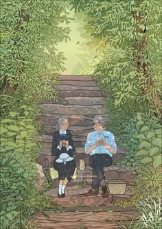 two people sitting on steps in the middle of a forest with stairs leading up to them