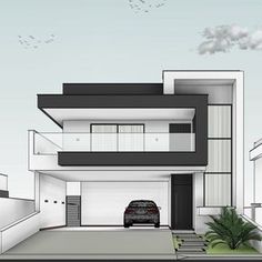 a car is parked in front of a modern house with black and white exteriors