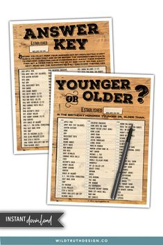 two wooden signs with the words, answer key and younger or older written on them