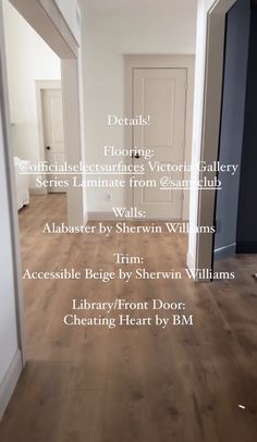 an empty hallway with white walls and wood floors in the center is featured below text that reads details flooring, flooring, cabinets, surfaces, furniture,