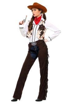 PRICES MAY VARY. Size: X-Small PRODUCT INCLUDES: This polyester and faux suede Western Cowgirl costume includes a shirt, vest, chaps, hat, bandana, and a belt. FROM THE FUN COMPANY: Our mission is to help give you the best costume experiences possible with our Made By Us costumes! With the combination of great materials and expert construction, this Western Cowgirl costume is certain to give you an adventure to remember. DETAILS THAT MATTER: The fringed chaps, cowhide print vest, and classic cow Western Cowgirl Costume, Cowgirl Chaps, Best Costume, Plus Size Costume, Faux Suede Vest, Cowhide Print, Cowgirl Costume, Cowboy Outfits, Halloween Costumes For Teens