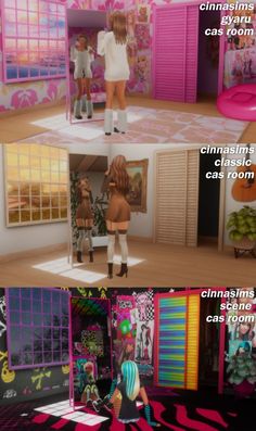 the inside of a dollhouse with two girls in it and one girl standing on top of