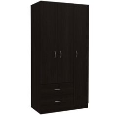 a black armoire with two doors and drawers on the bottom shelf, in front of a white background