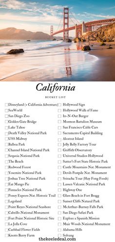 the california travel checklist is shown in this image