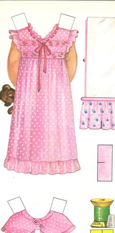 the paper doll is wearing a pink polka dot dress and matching diaper with her teddy bear