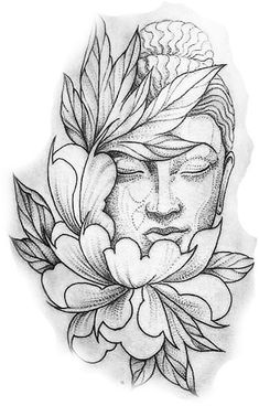 a drawing of a buddha head with flowers around it's neck and the face