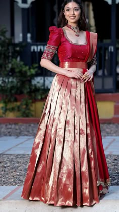 Lehanga Designs South Indian, Indian Dresses From Saree, Trending Lehanga Design 2024, South Dress Design, Silk Lehanga Designs Latest For Women, Red Gold Lehenga, Pattu Saree Into Lehenga, Small Blouse Design, Simple Half Sarees Latest Designs