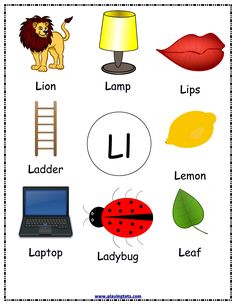 the letter l is for ladybug, lion, lamp, lips and ladder