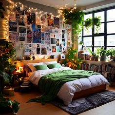 a bedroom with lots of plants and pictures on the wall above the bed, along with a large window