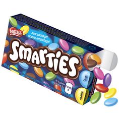 a box of smarties candy with jelly beans