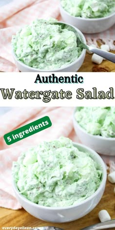 two bowls filled with watergate salad on top of a wooden cutting board