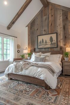 a bedroom with wood paneled walls and white bedding