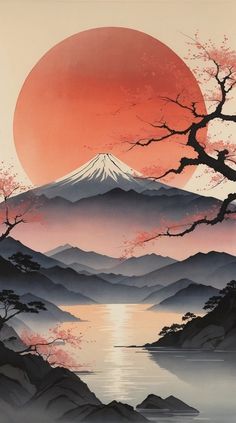 a painting of the sun setting over a mountain with water and trees in front of it