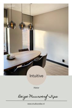 a dining room table and chairs with the words intuitive above it in white