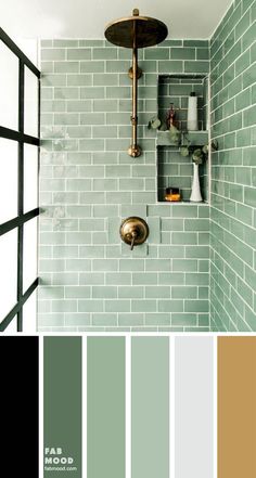 a bathroom with green and brown colors in the shower, shelving shelves on the wall