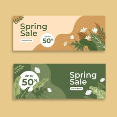 two spring sale banners with flowers and leaves on the front, one is green and white