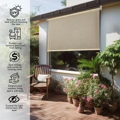 an outdoor area with potted plants, chairs and window shades on the windowsill