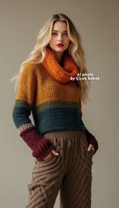 a woman is posing in a sweater and pants