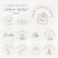 the logos for candle business, including candles and candlesticks are drawn on white paper