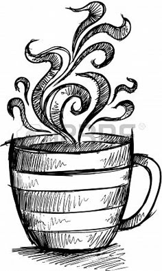 a coffee cup with steam coming out of the top, vintage line drawing or engraving