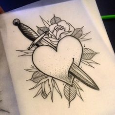 a drawing of a heart with two swords on it