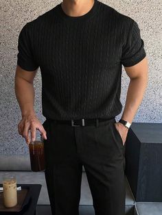 Men’s Henley Shirts, Men’s Summer Office Style, 1970s Mens Fashion Disco, Knit Tshirt Men, Mens Textured Shirts, Clothing Style For Men, Groomsmen Summer Attire, 90s Emo Fashion Grunge Style, Men’s Work Clothes