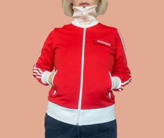 Adidas Vintage Red and White zip up track Track Top Jacket Women's 52 % coton, poliester Featuring embroidered front pocket design. Tag size medium. Pit to pit 18,4"/47,5cm. Length 22,5"/58cm.  Sleeve 23"/59cm. CONDITION DETAILS: 9,5/10. Please see all photos. Shipping estimated time: 7 - 10 working days Front Pocket Design, Adidas Vintage, Vintage Adidas, Pocket Design, Jacket Tops, Front Pocket, Sweat Shirt, Red And White, Zip Ups