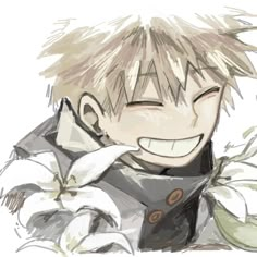 an anime character with blonde hair smiling and holding a white flower in his right hand