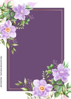 purple flowers and green leaves on a white background with a gold border around the edges