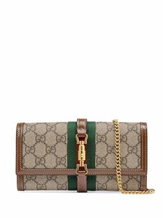 Beige cotton-canvas/leather Jackie 1961 chain wallet from GUCCI featuring monogram pattern, signature Sylvie Web detail, gold-tone hardware, contrasting trim, detachable chain-link shoulder strap, front flap closure, internal card slots, internal note compartments, coin pocket and piston closure. | Gucci Jackie 1961 chain wallet Gucci Jackie 1961, Web Detail, Gucci Bamboo, Card Case Wallet, Contrasting Trim, Monogram Pattern, Chain Wallet, Iconic Bags, Original Bags