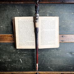 an open book with a harry potter wand sticking out of it's cover, on top of a piece of wood