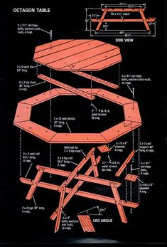 the plans for a picnic table are shown in red and black, with instructions on how to