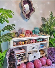 Gemstone Furniture, Crystal Collection Display, Crystal Room Decor, Goddess Provisions, Spiritual Room, Witch Room, Meditation Room Decor, Crystal Room, Airbnb Design