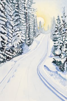 a painting of a snowy road with pine trees on both sides and the sun in the distance