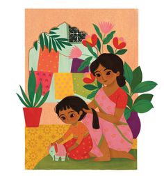 a woman and child sitting on the ground in front of potted plants with flowers