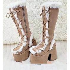 Women's Platform Fur-Lined Lace-Up Boots in Pastel Colors - Trendy Winter Fashion Footwear with Chunky Heels 2024 - $84.99 Fuzzy Boots Platform, Fluffy Long Boots, White Fur Platform Boots, Pure Vigilance Boots, Thigh High Fluffy Boots, Fuzzy High Boots, Platform Boots With Fur, Fizzy Boots, High Heel Platform Boots