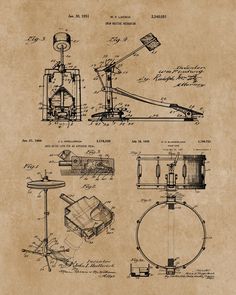 an old drawing of a musical instrument and its parts, including the headphones on it