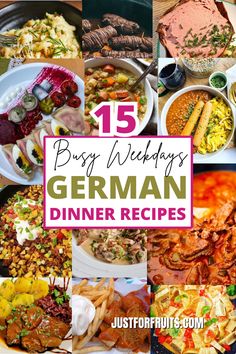 a collage of german dinner dishes with text overlay that reads 15 busy meals