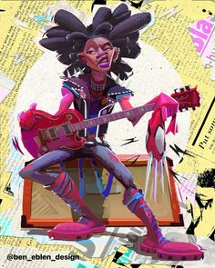 a drawing of a woman with an electric guitar