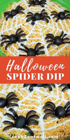 halloween spider dip recipe with cheese and black olives in it on a green plate