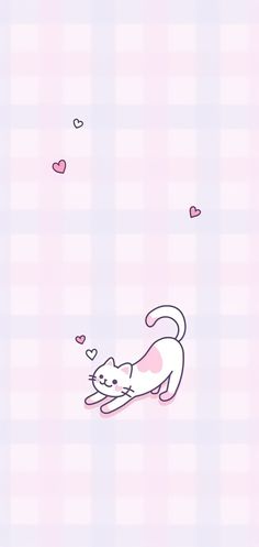 a cat with hearts flying out of it's mouth on a pink and white checkered background