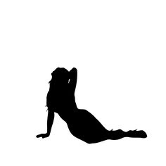 a woman laying on her back in the air silhouetted against a white sky background