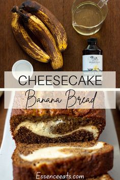 a loaf of banana bread on a white plate with bananas next to it and a bottle of cheesecake