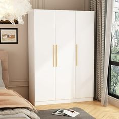 a bedroom scene with focus on the armoire and bed