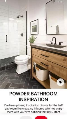 a white toilet sitting next to a walk in shower under a bathroom mirror above a sink