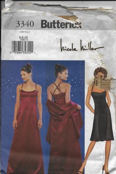 "Butterick 3340    Bridesmaids, Maid of Honor, Prom Dress with Stole      UNCUT C2001           \"NICOLE MILLER\"--designer Size 6,8,10          bust 30 1/2-32 1/2, waist 32-25, hips 32 1/2-34 1/2 inches or Size 12,14,16        bust 34 - 38, waist 26 1/2- 30, hips 36 - 40 inches \"PLEASE CHOOSE CORRECT SIZE WHEN ORDERING\" Close-fitting, A-line dress, below mid-knee or evening-length has shoulder straps, raised waist, bodice front princes seams and back zipper. Stole is self-lined Patterns are u Strapless Dress Pattern, Tear Dress, Prom Dress Pattern, Formal Dress Patterns, Prom Dress Inspiration, Special Occasion Dress