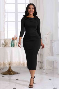 Features: Basic style Sheer: Opaque Stretch: Highly stretchy Body: Not lined Material composition: 80% polyester, 20% spandex Care instructions: Machine wash cold. Tumble dry low. Imported Product measurements: S: bust 29.6 in, shoulder 13.7 in, waist 25 in, hip 33 in, sleeve length 18.7 in, length 46 inM: bust 31.2 in, shoulder 14 in, waist 26.5 in, hip 34 in, sleeve length 19.1 in, length 46.4 inL: bust 33.5 in, shoulder 14.4 in, waist 28.9 in, hip 37 in, sleeve length 19.5 in, length 46.8 inX Burgundy Formal Dress Bodycon, Black Formal Dress Long Bodycon, Boat Neck Midi Dress, Elegant Bodycon Dress, Midi Dress Fall, Womens Sheath Dress, Midi Dress Casual, Hip Dress, Long Sleeve Midi