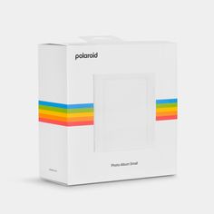 a white box with an orange, yellow, and blue stripe on the side that says polaroid