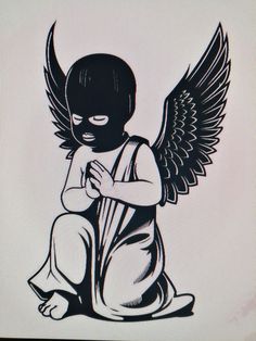 a drawing of an angel sitting on the ground with his hands clasped to his knees